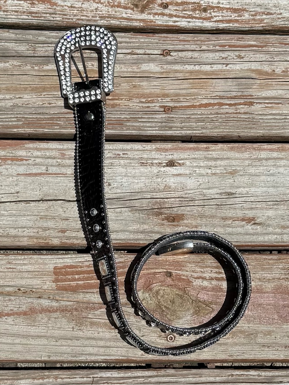 Black Croc-Embossed Western Belt with Crystals